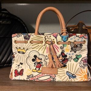 Dooney & Bourke Cream Canvas Disney Mickey & Minnie Satchel with Tan Trim